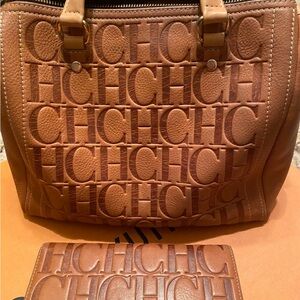 Carolina Herrera Embossed Tan Leather Tote and Wallet